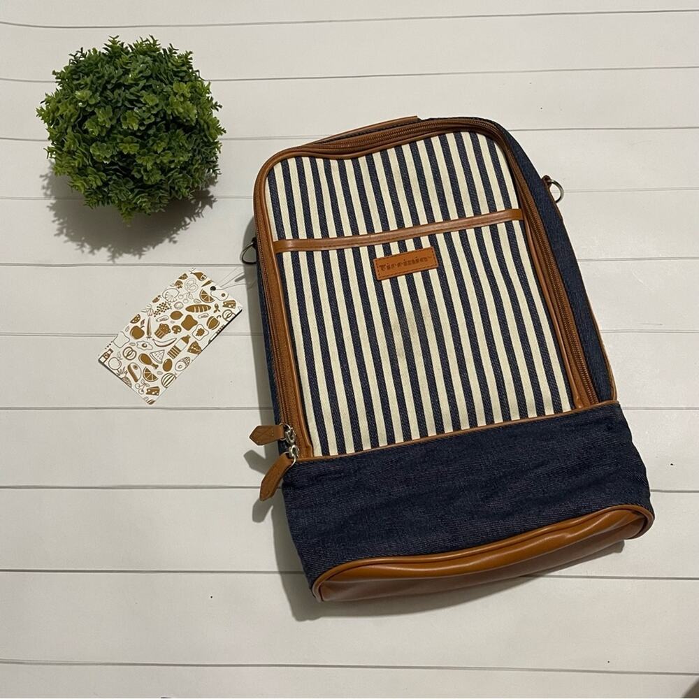 Tirrinia NWT Denim Jean Striped‎ Faux Leather Insulated Linch Box With Strap